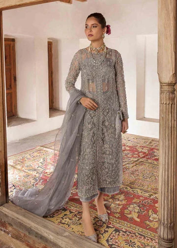 Chandi silver grey embroidered three-piece formal outfit full look with draped organza dupatta