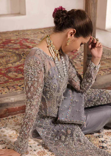 Chandi silver grey formal outfit side view showing sleeve and bodice embroidery detail