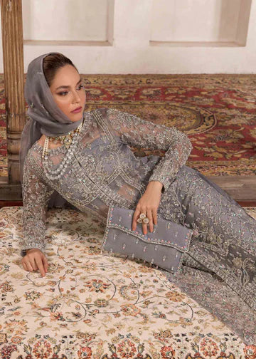 Chandi silver grey formal outfit close-up of embroidered trouser and hem detail