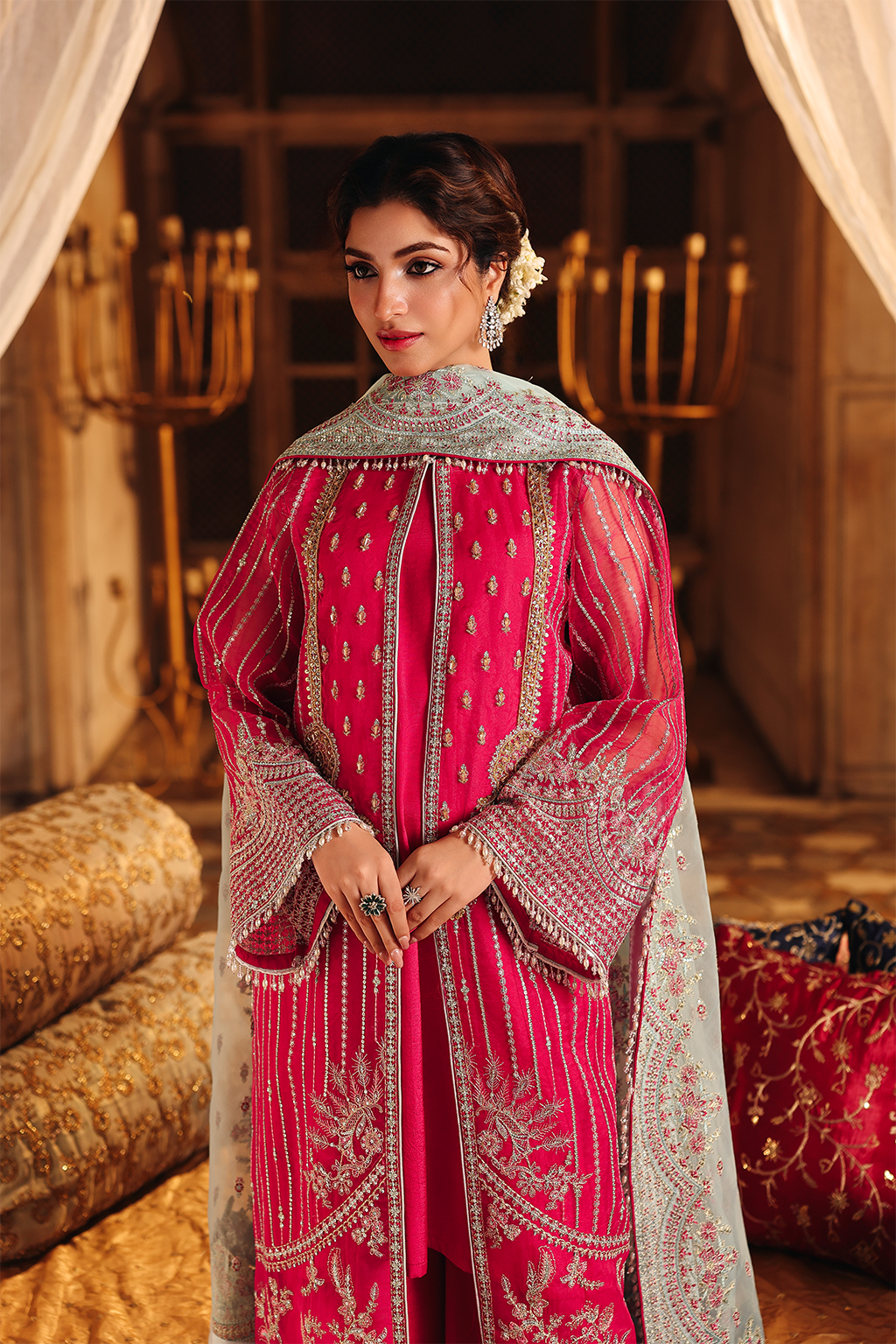 Saad Shaikh Shafaq Style — Mairaz Pink & Aqua Three-Piece Suit