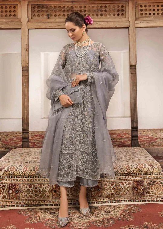 Chandi silver grey formal outfit full look holding sheer organza dupatta