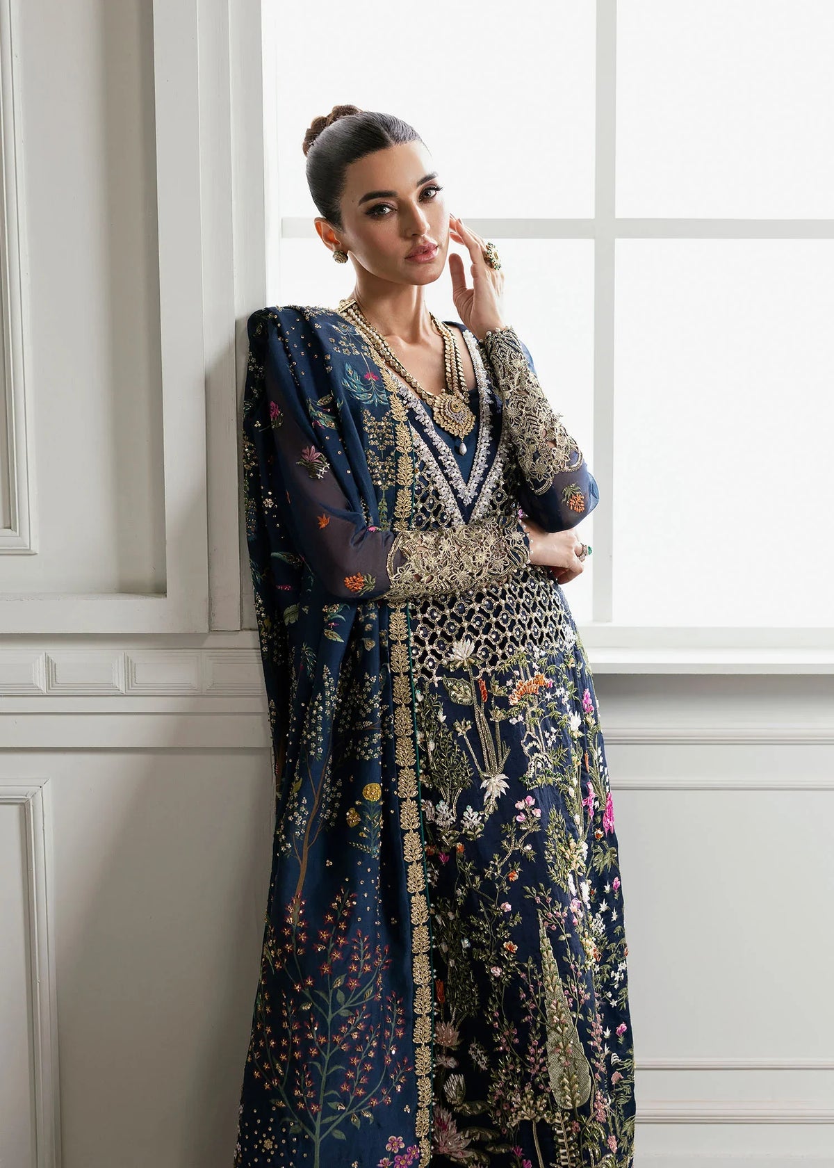 Crimson Majestic Cypress Style by Mairaz, embroidered midnight blue shirt detail