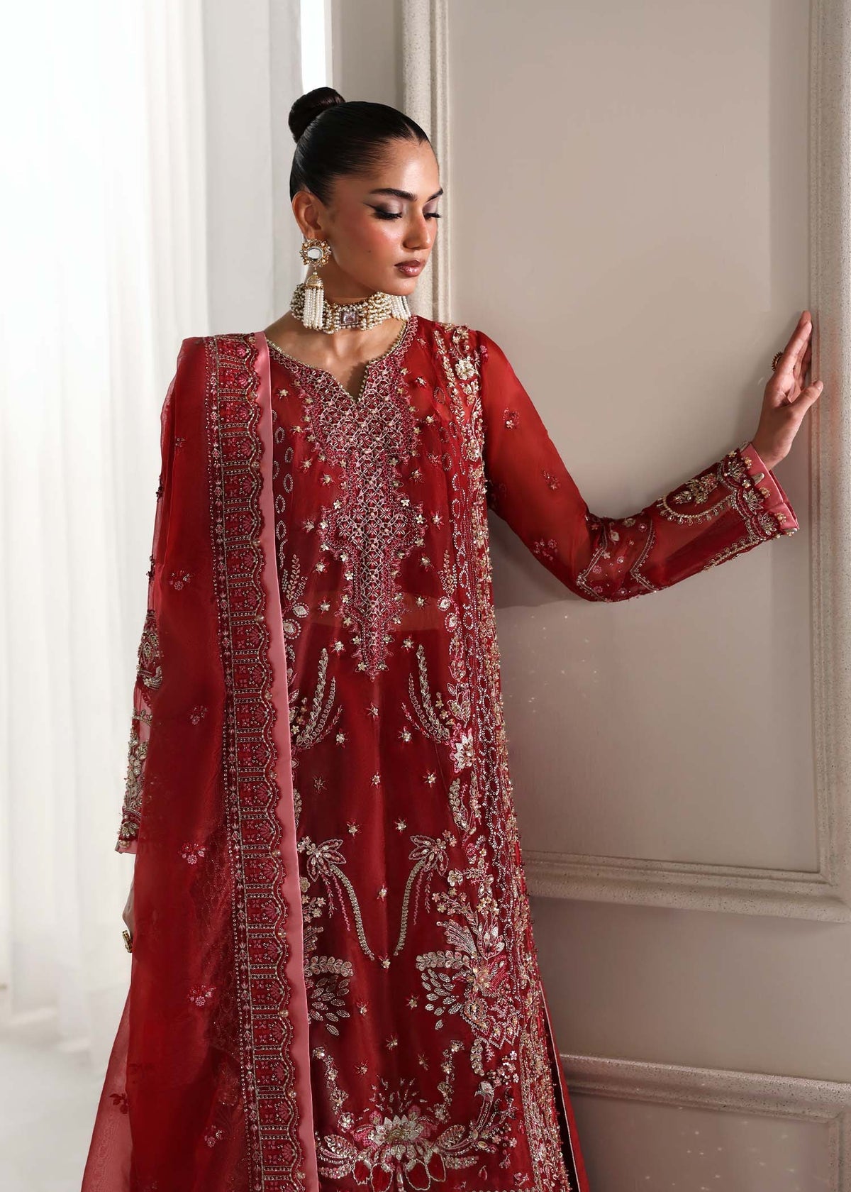 Livia red shirt suit, reference outfit photograph 6 — Made by Mairaz reproduction