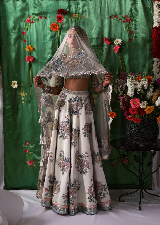 Hussain Rehar Raks Style ivory bridal choli and lehenga reference