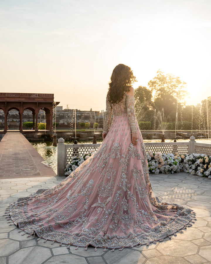 Faiza Saqlain Aysana back view showing embroidered train spread out