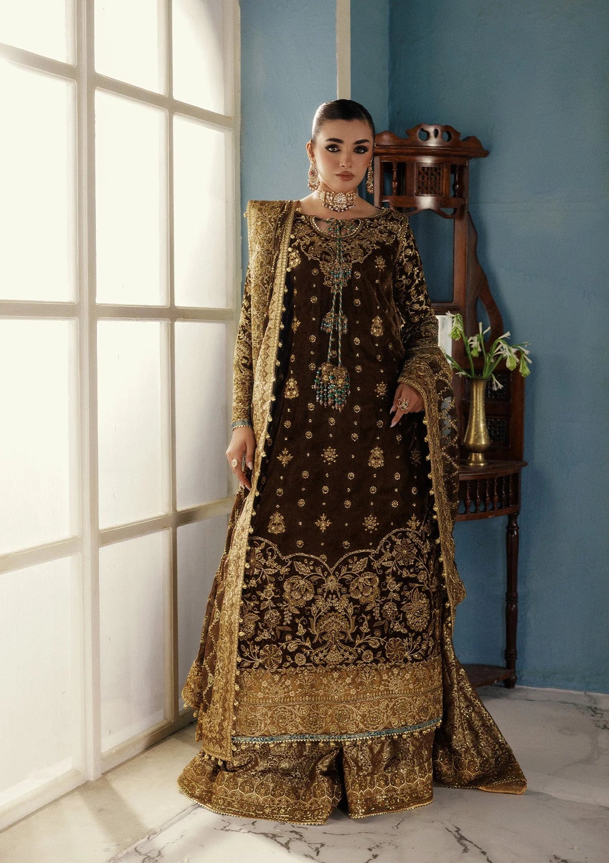 Aik Atelier Udaipur A2501 Style — Mairaz Maroon Velvet Three-Piece Suit
