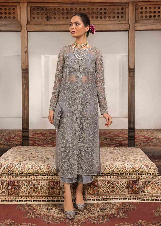 Chandi silver grey embroidered formal outfit front view with straight trousers