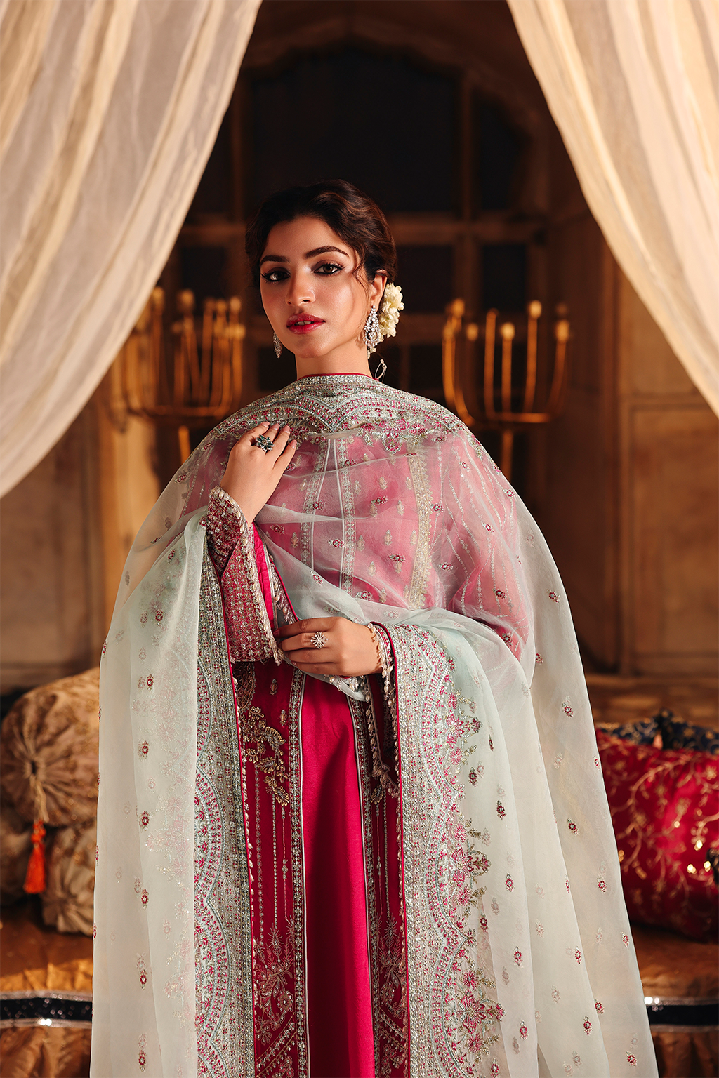 Saad Shaikh Shafaq Style — Mairaz Pink & Aqua Three-Piece Suit