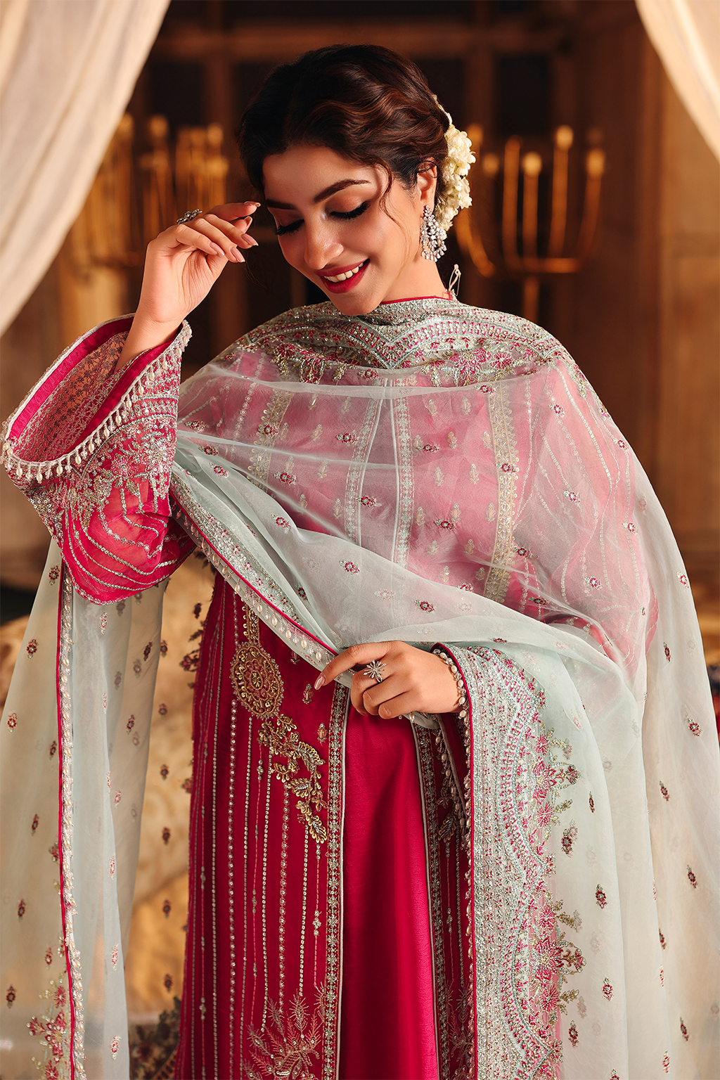 Saad Shaikh Shafaq Style — Mairaz Pink & Aqua Three-Piece Suit