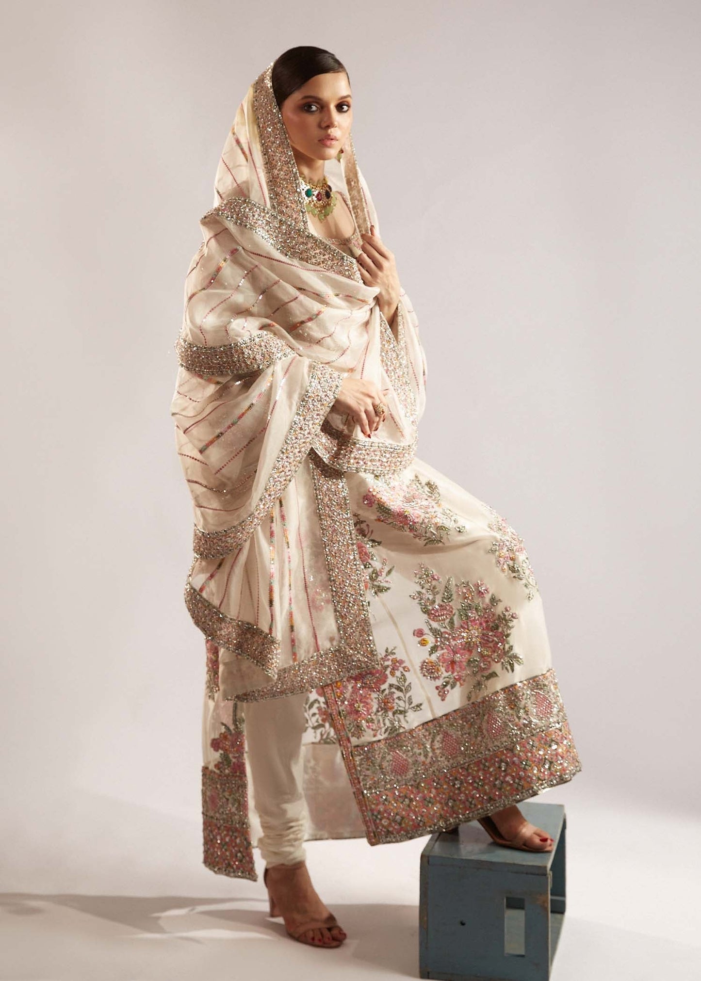 Hussain Rehar Euru Style by Mairaz, ivory organza formal outfit, product view 5 of 14