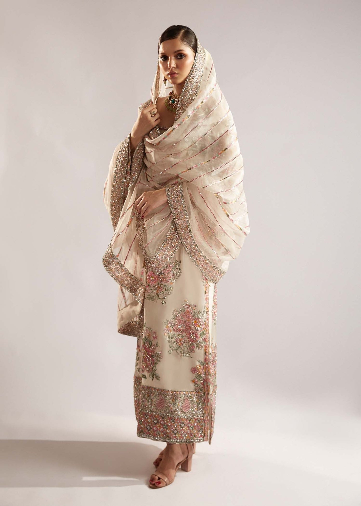 Hussain Rehar Euru Style by Mairaz, ivory organza formal outfit, product view 4 of 14