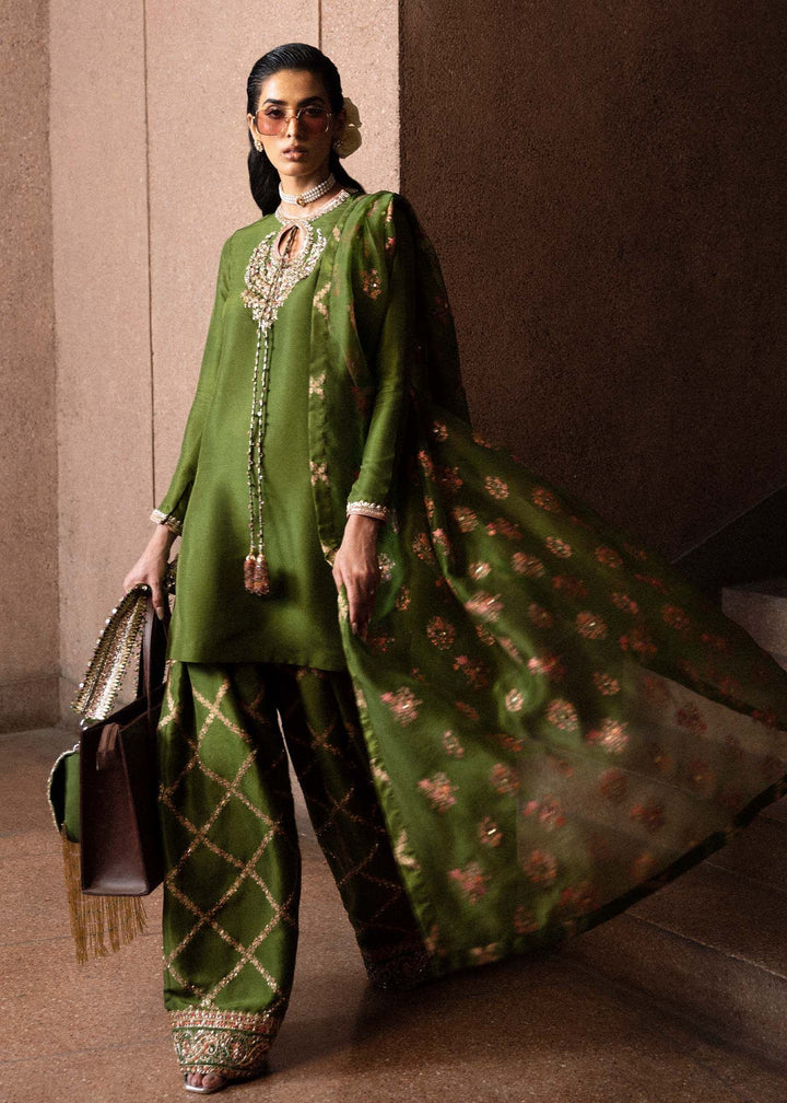 Green Merlot olive green outfit front view with flowing dupatta and lattice trousers