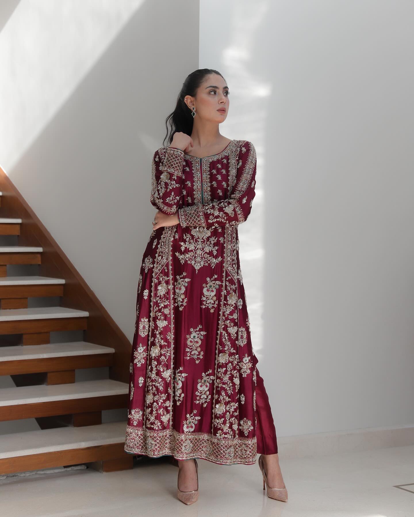 Waqar Asghar Mah-e-Gul style — Mairaz deep maroon three-piece suit reference, view 1 of 4