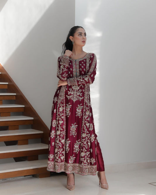 Waqar Asghar Mah-e-Gul style — Mairaz deep maroon three-piece suit reference, view 1 of 4
