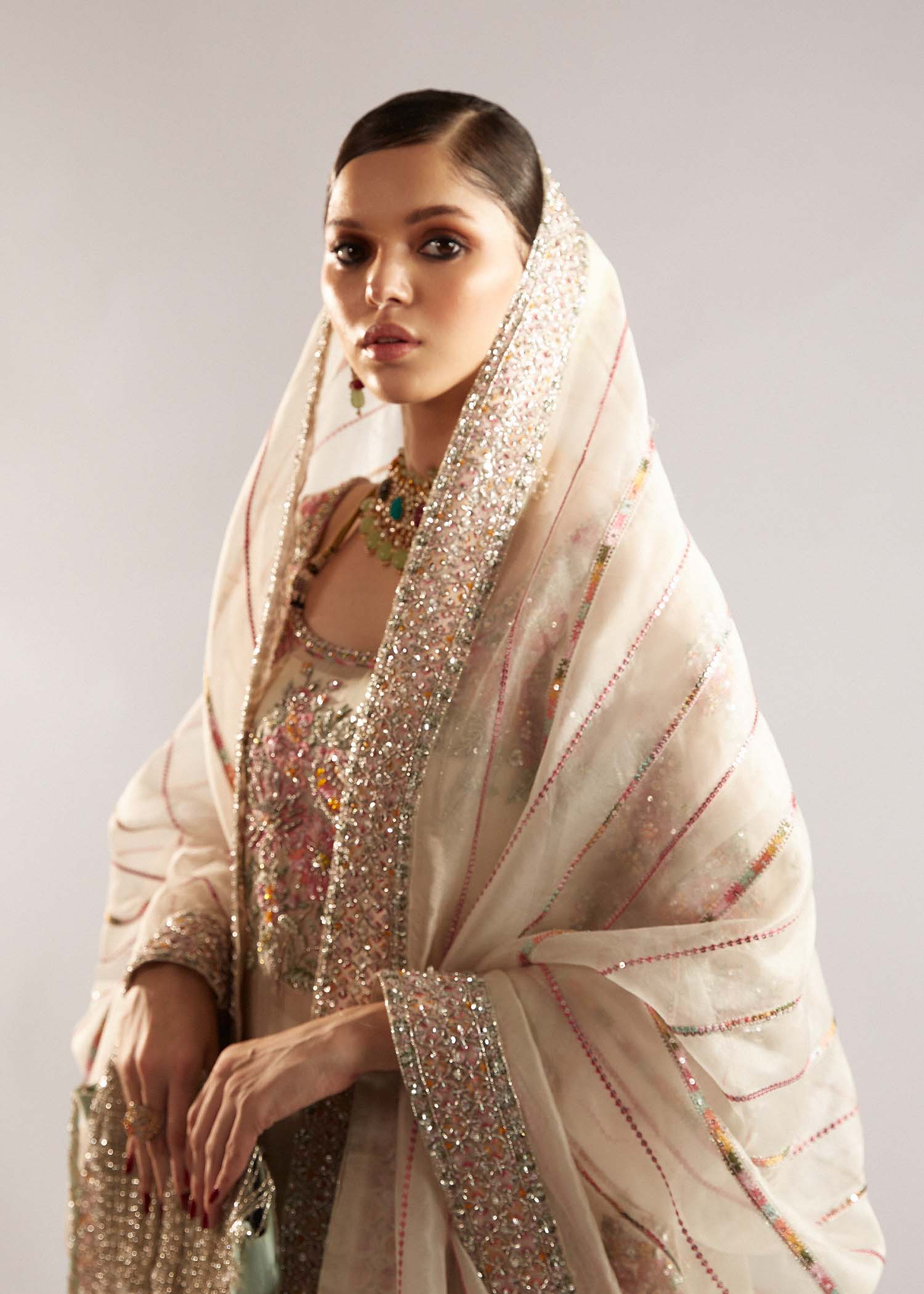 Hussain Rehar Euru Style by Mairaz, ivory organza formal outfit, product view 2 of 14