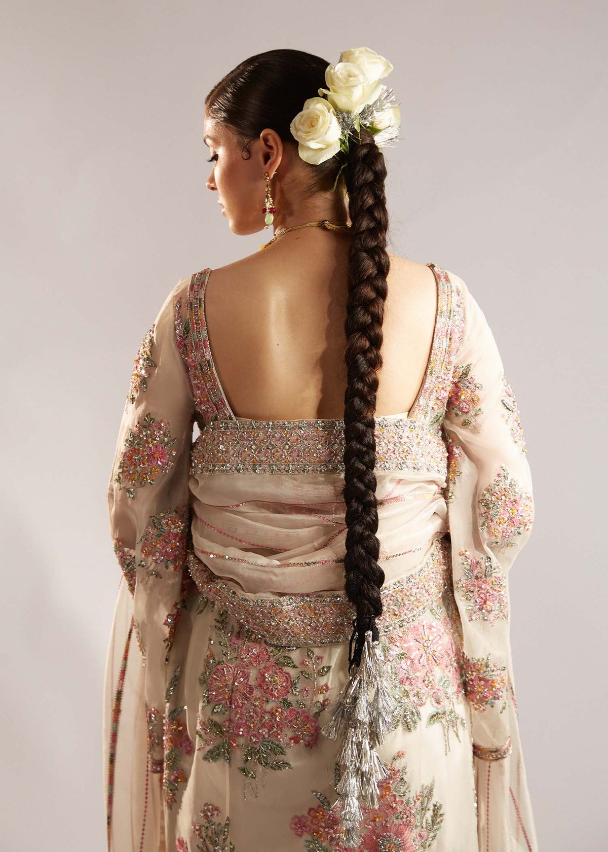 Hussain Rehar Euru Style by Mairaz, ivory organza formal outfit, product view 3 of 14