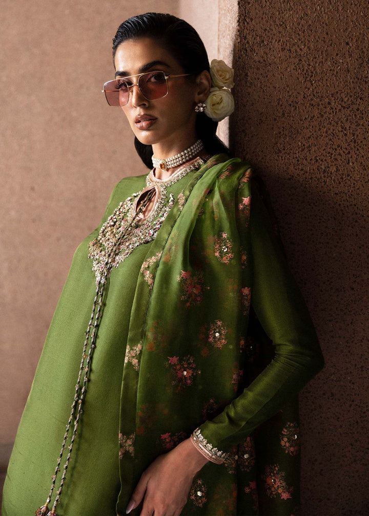 Green Merlot olive green outfit close-up of embroidered neckline