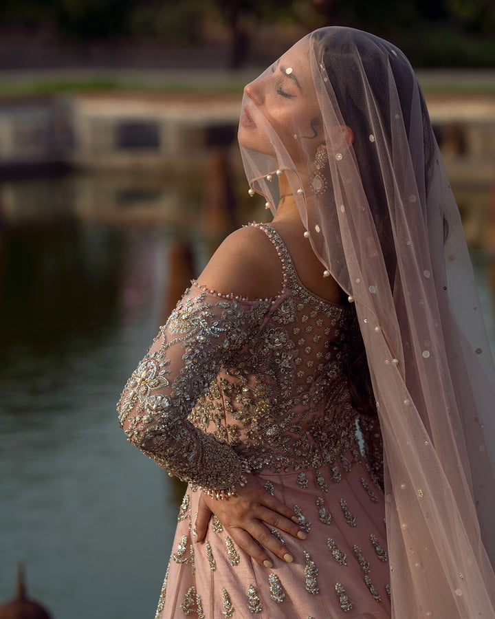 Faiza Saqlain Aysana side view with dupatta veil and embroidered sleeve detail