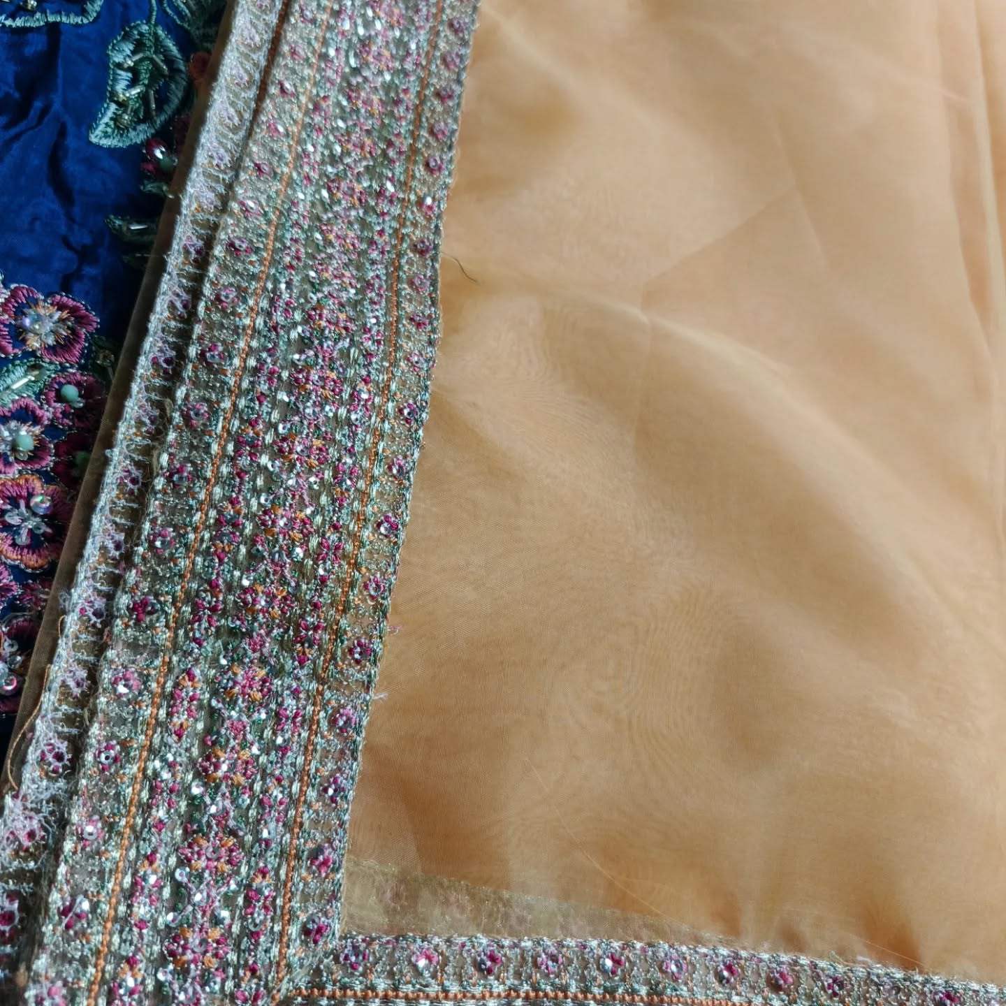 Hussain Rehar Vaskas Style — Mairaz Peach & Teal Three-Piece Suit