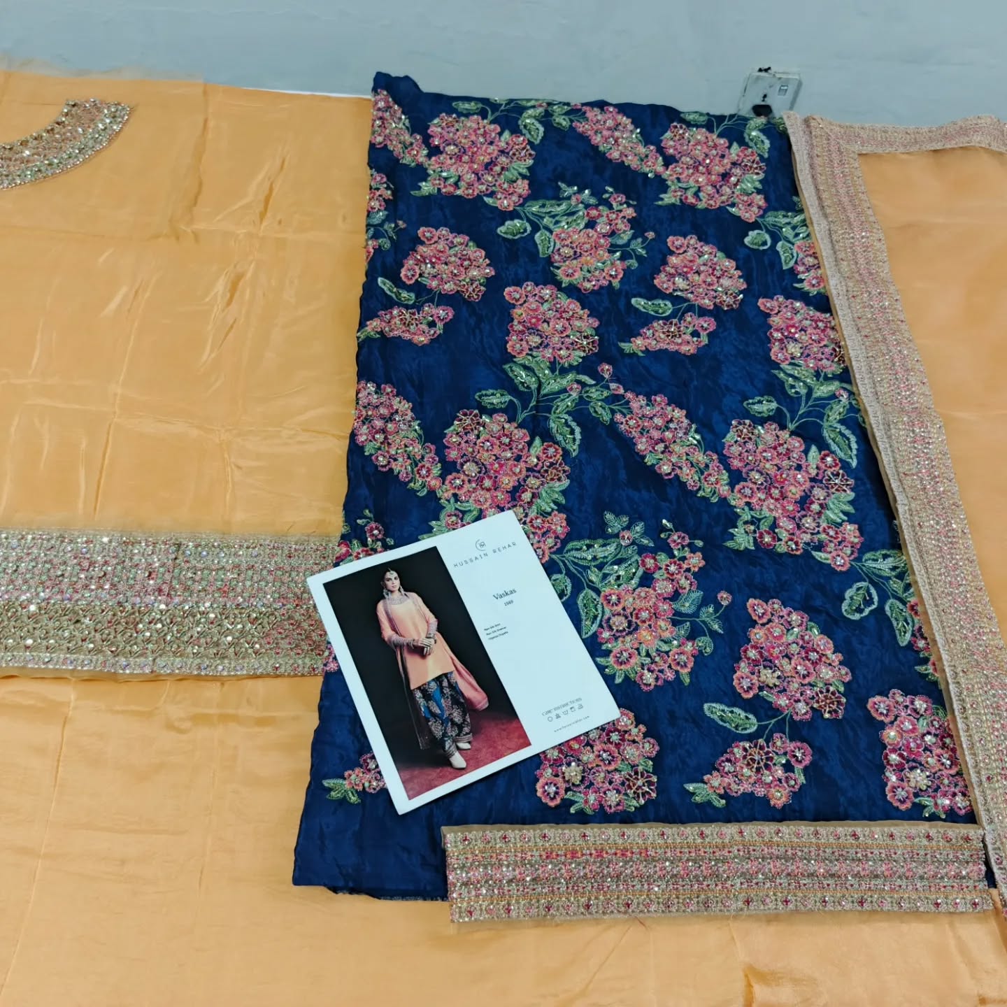 Hussain Rehar Vaskas Style — Mairaz Peach & Teal Three-Piece Suit