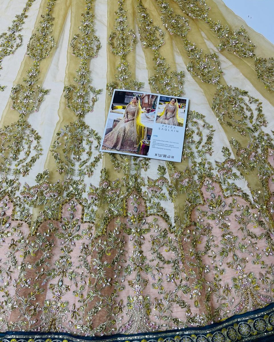 Faiza Saqlain Mahveen Style — Mairaz Yellow & Golden Lehenga