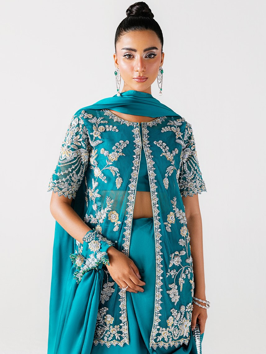 Sara Rohale Asghar Zumrud Ayin Style — Mairaz Turquoise Green Saree