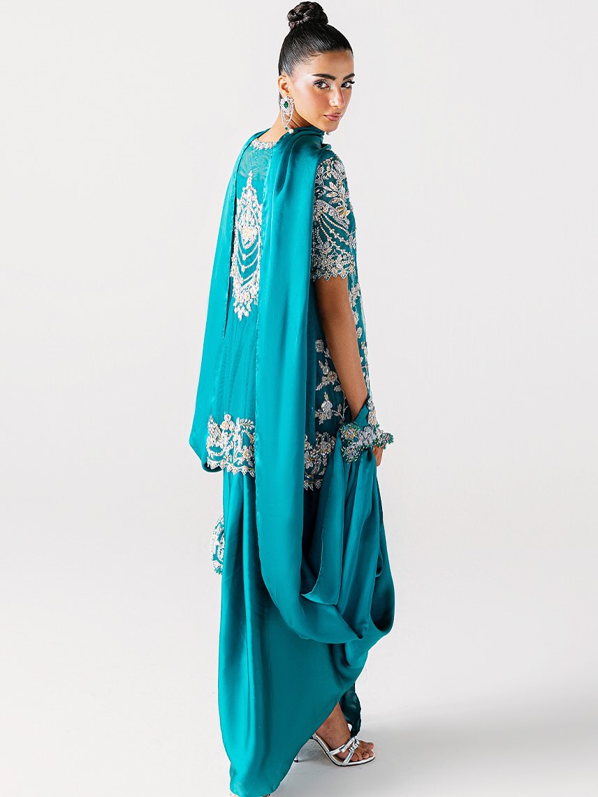 Sara Rohale Asghar Zumrud Ayin Style — Mairaz Turquoise Green Saree