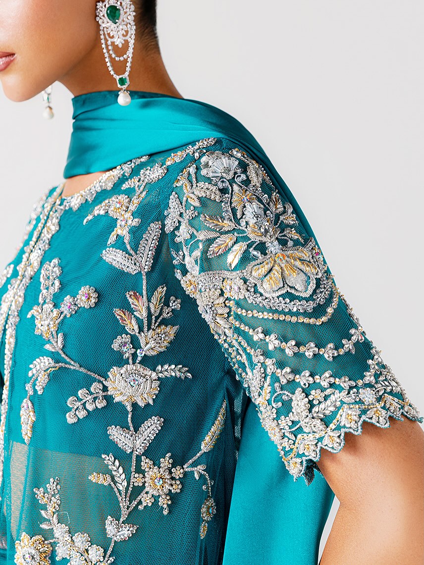 Sara Rohale Asghar Zumrud Ayin Style — Mairaz Turquoise Green Saree