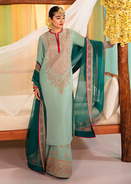 Mina Kashif Imroz Style — Mairaz Ice Blue Three-Piece Suit
