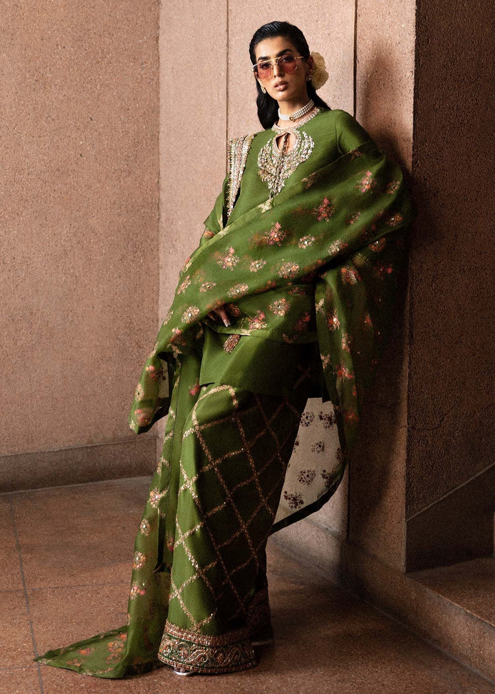 Green Merlot olive green outfit side view showing dupatta drape and trouser detail
