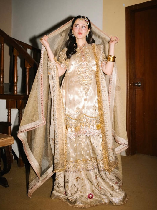 Faiza Samee style — Mairaz gold farshi gharara reference, view 2 of 6