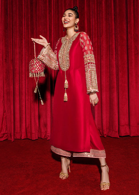 Hussain Rehar Aimer style — Mairaz red three-piece suit reference, view 1 of 5