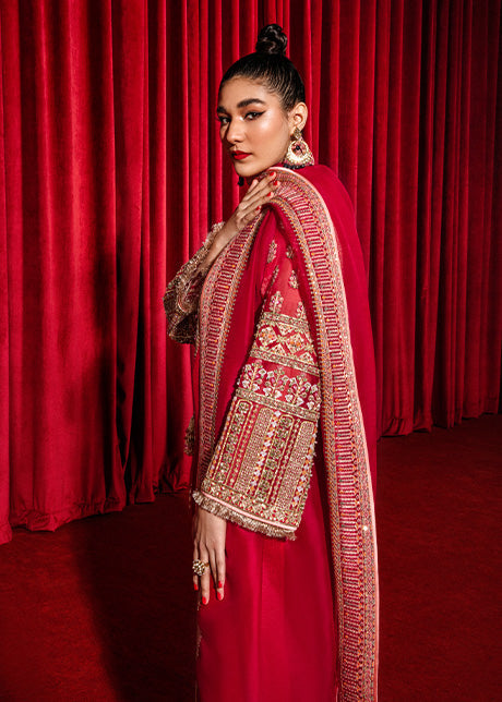 Hussain Rehar Aimer style — Mairaz red three-piece suit reference, view 2 of 5