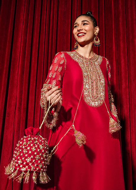 Hussain Rehar Aimer style — Mairaz red three-piece suit reference, view 3 of 5