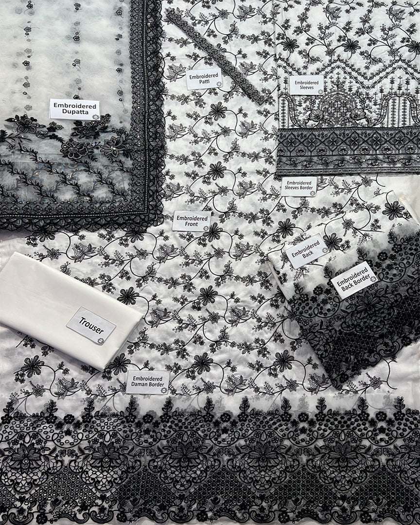 Faiza Saqlain Jehona Style — Mairaz White & Black Lawn Suit