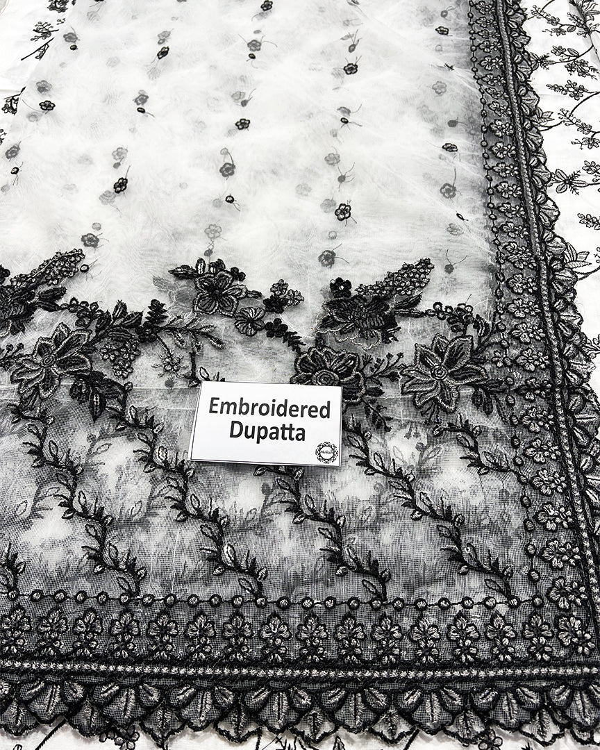 Faiza Saqlain Jehona Style — Mairaz White & Black Lawn Suit
