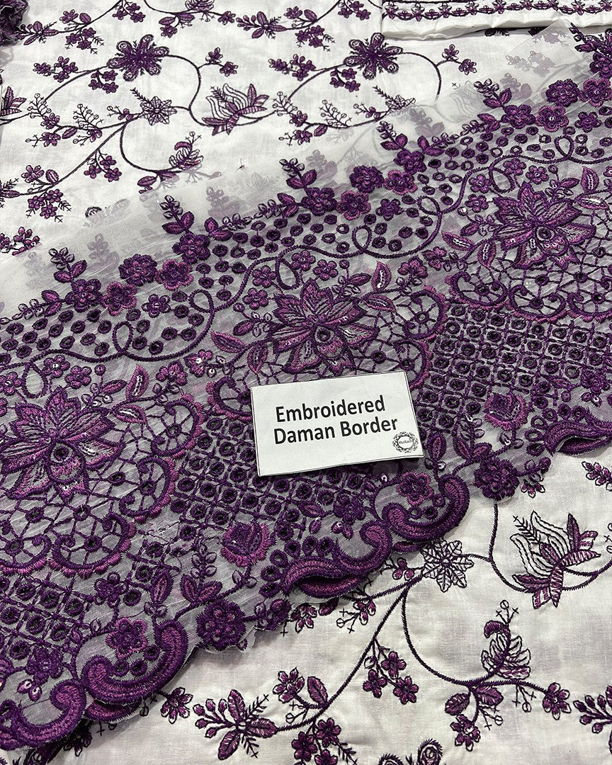 Faiza Saqlain Jehona Style — Mairaz White & Purple Lawn Suit
