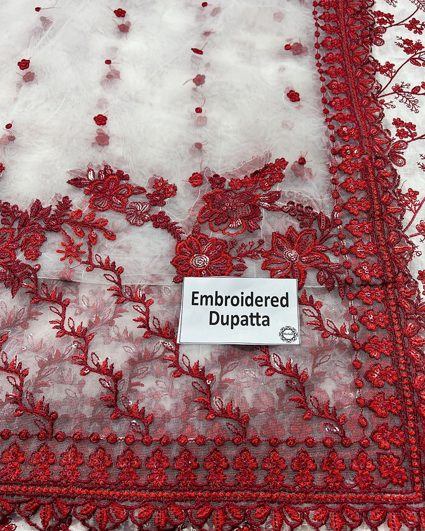 Faiza Saqlain Jehona Style — Mairaz White & Red Lawn Suit