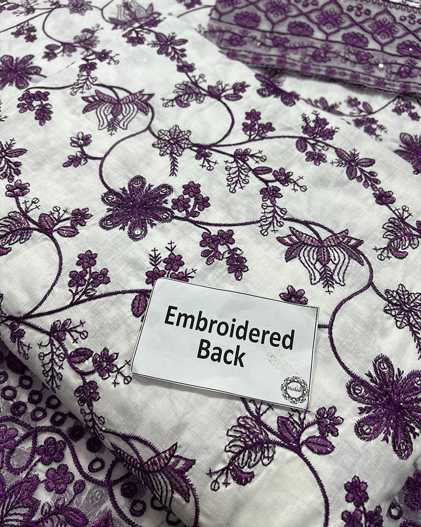 Faiza Saqlain Jehona Style — Mairaz White & Purple Lawn Suit