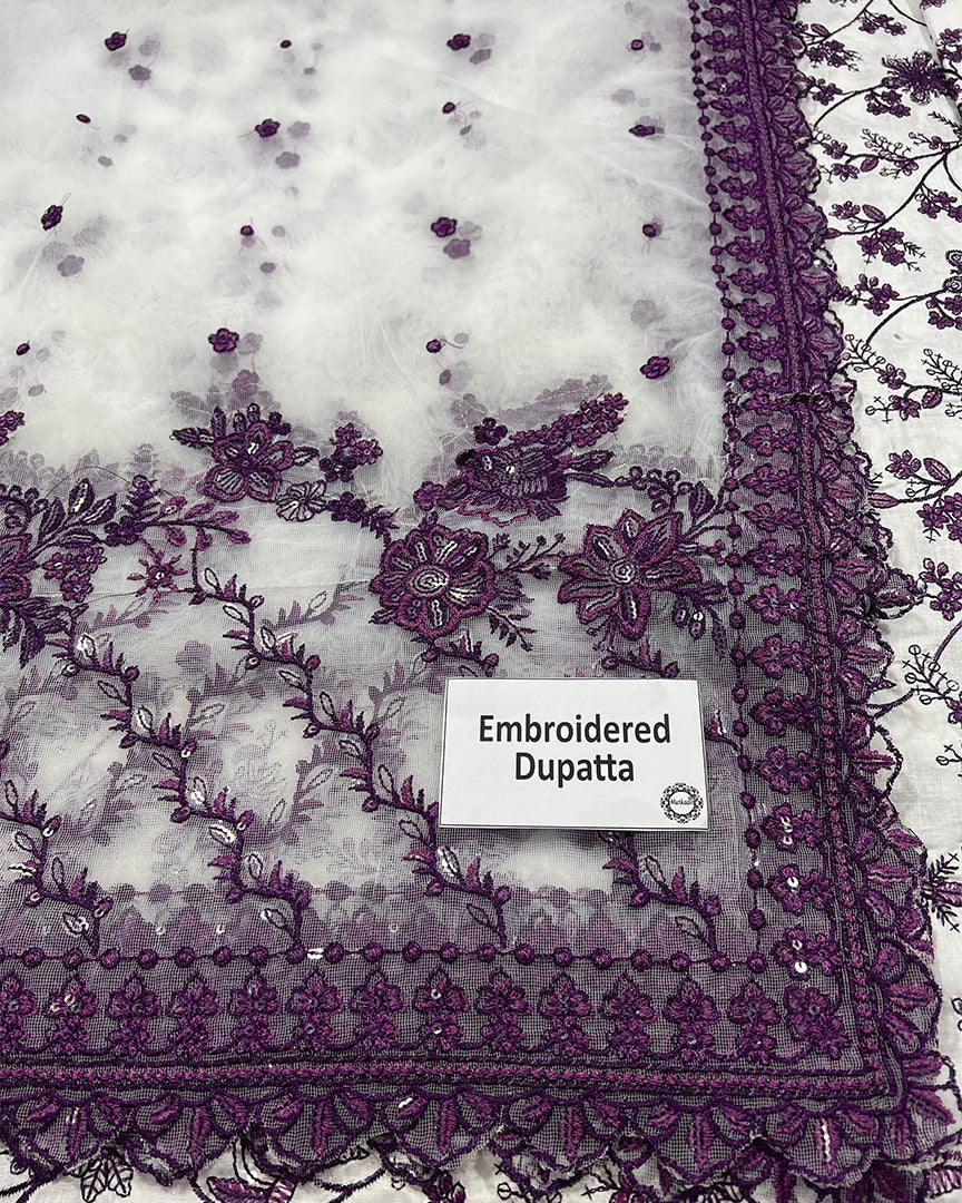 Faiza Saqlain Jehona Style — Mairaz White & Purple Lawn Suit