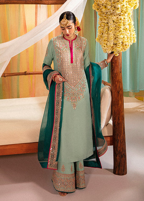 Mina Kashif Imroz Style — Mairaz Ice Blue Three-Piece Suit