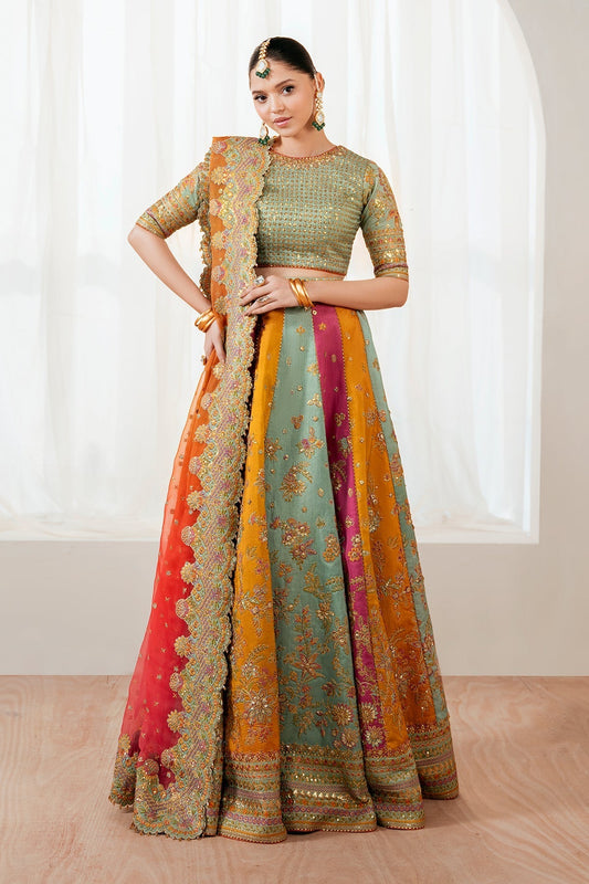 Embroidered silk sage green blouse with multicolour panelled lehenga full look