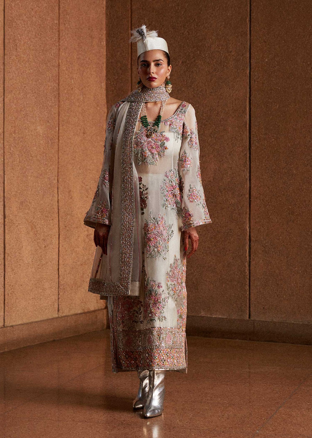 Hussain Rehar Euru Style by Mairaz, ivory organza formal outfit, product view 13 of 14