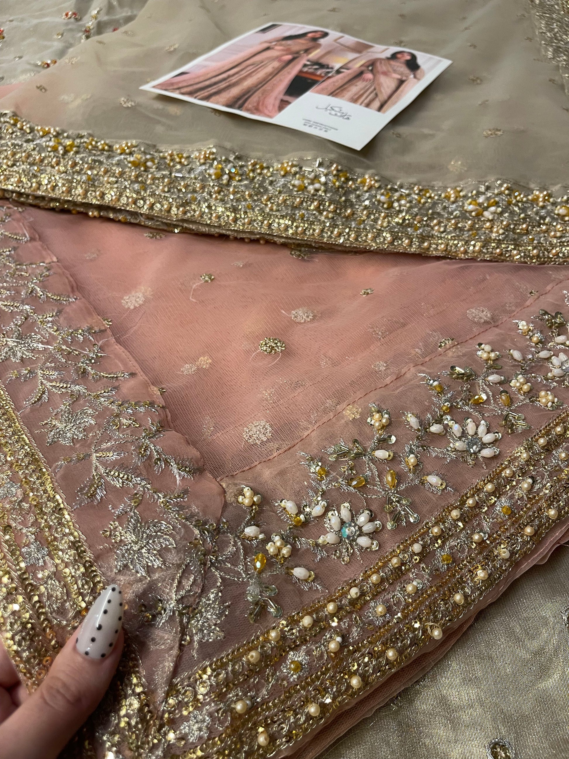 Haris Shakeel Sahar Blue style — Mairaz champagne gold four-piece suit reference, view 3 of 4