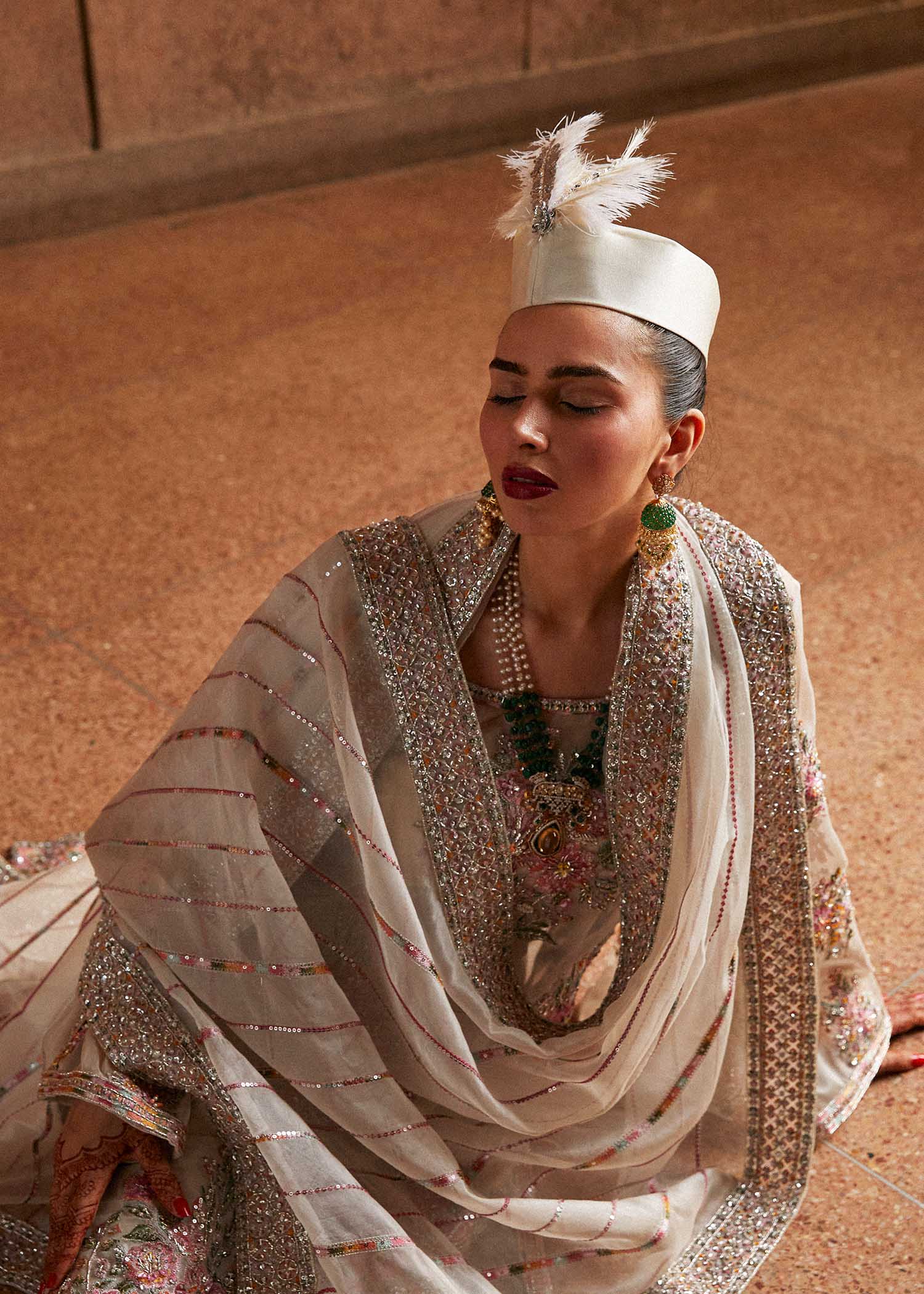 Hussain Rehar Euru Style by Mairaz, ivory organza formal outfit, product view 10 of 14