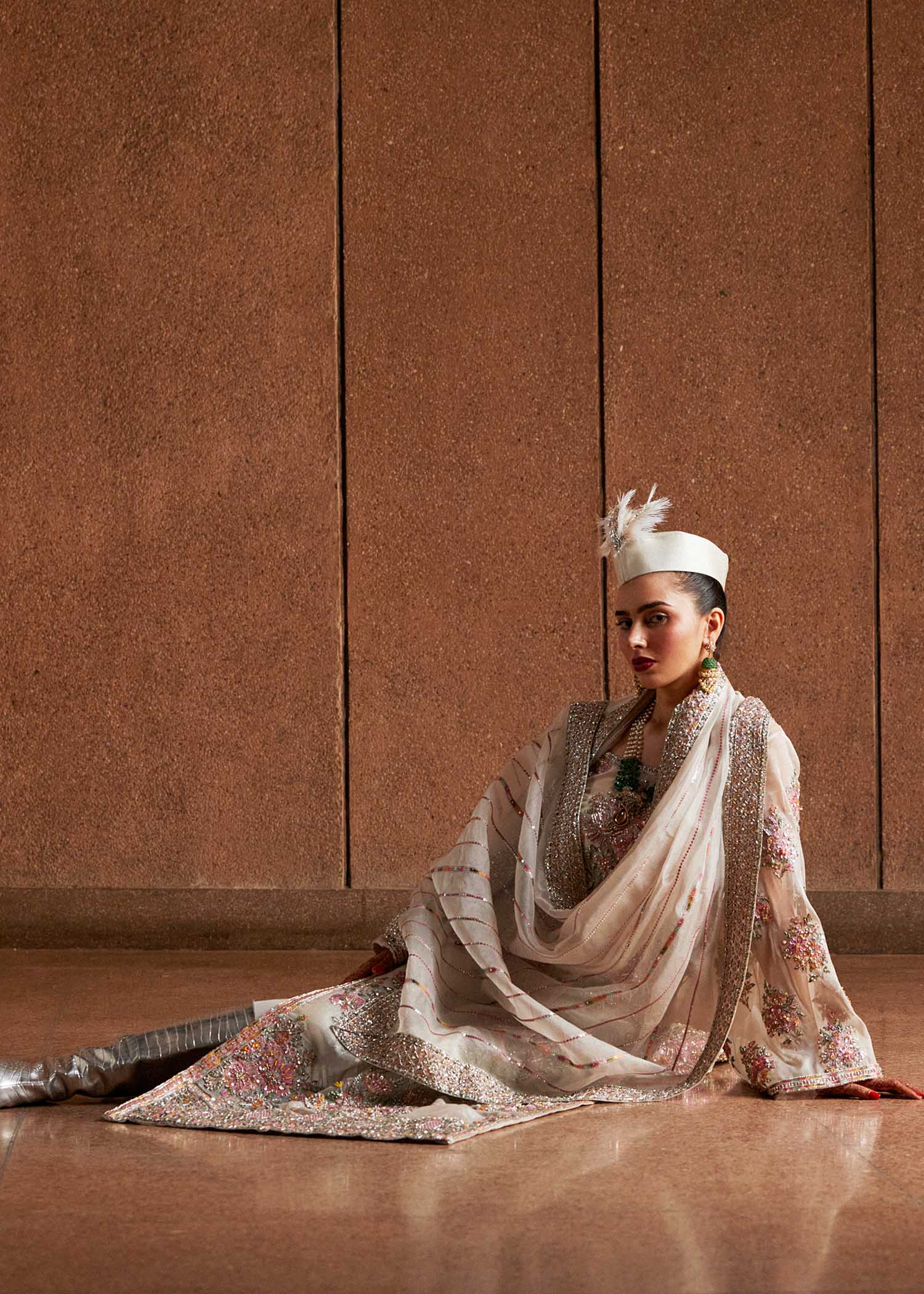 Hussain Rehar Euru Style by Mairaz, ivory organza formal outfit, product view 8 of 14