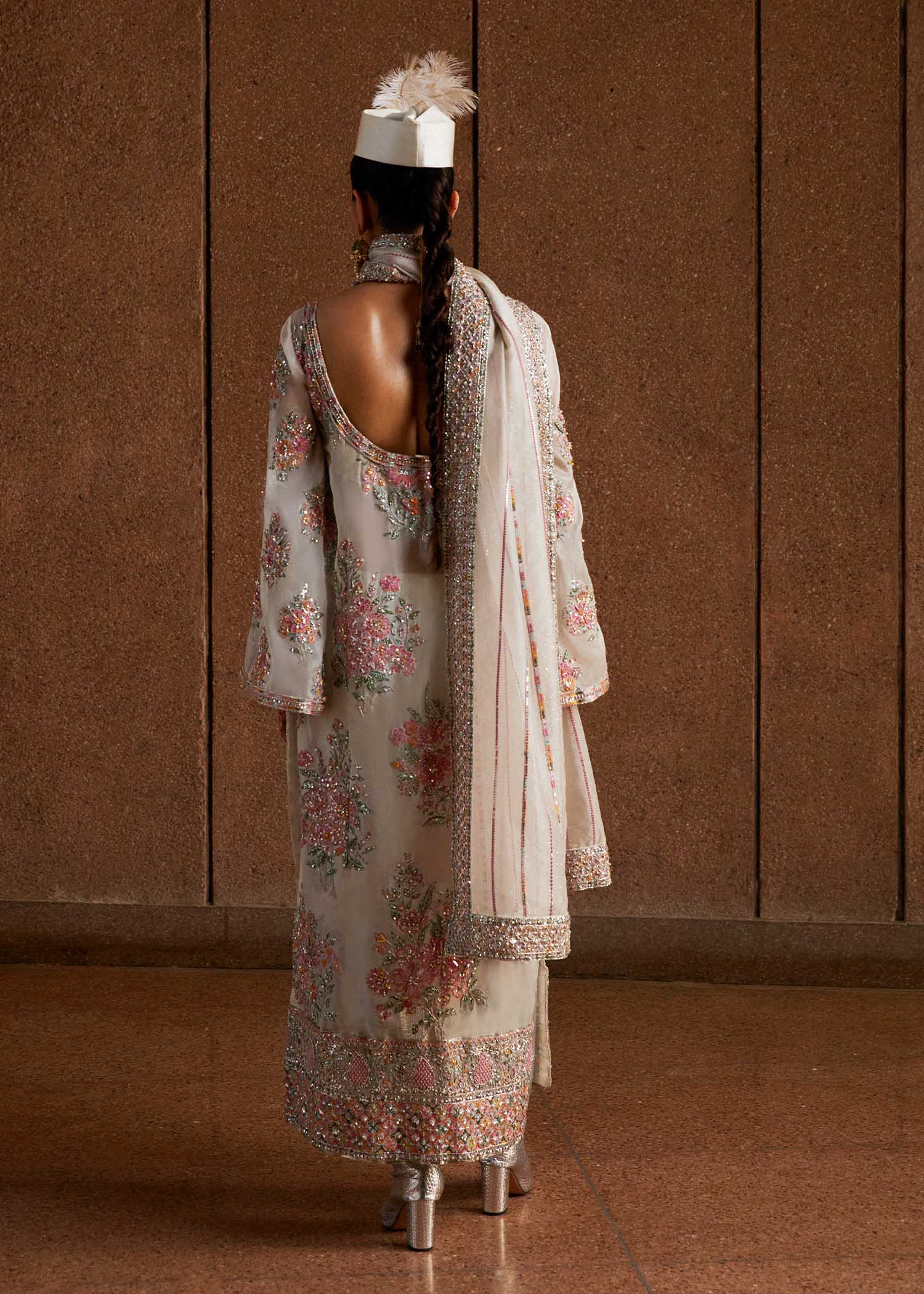 Hussain Rehar Euru Style by Mairaz, ivory organza formal outfit, product view 6 of 14