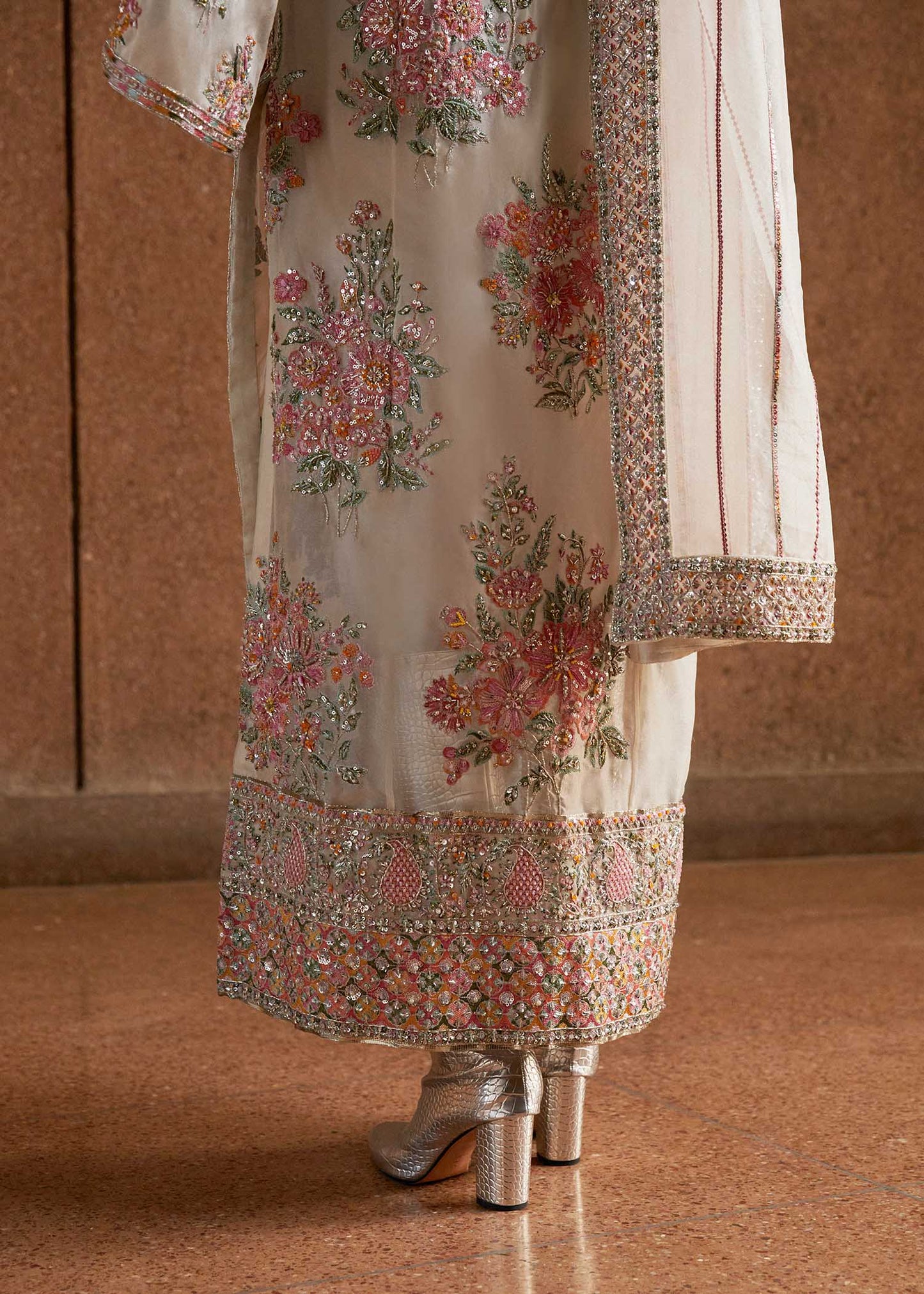 Hussain Rehar Euru Style by Mairaz, ivory organza formal outfit, product view 11 of 14