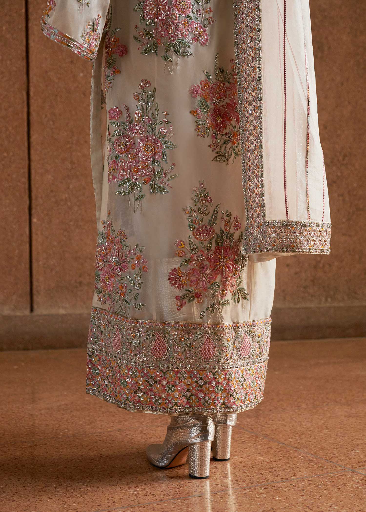 Hussain Rehar Euru Style by Mairaz, ivory organza formal outfit, product view 11 of 14