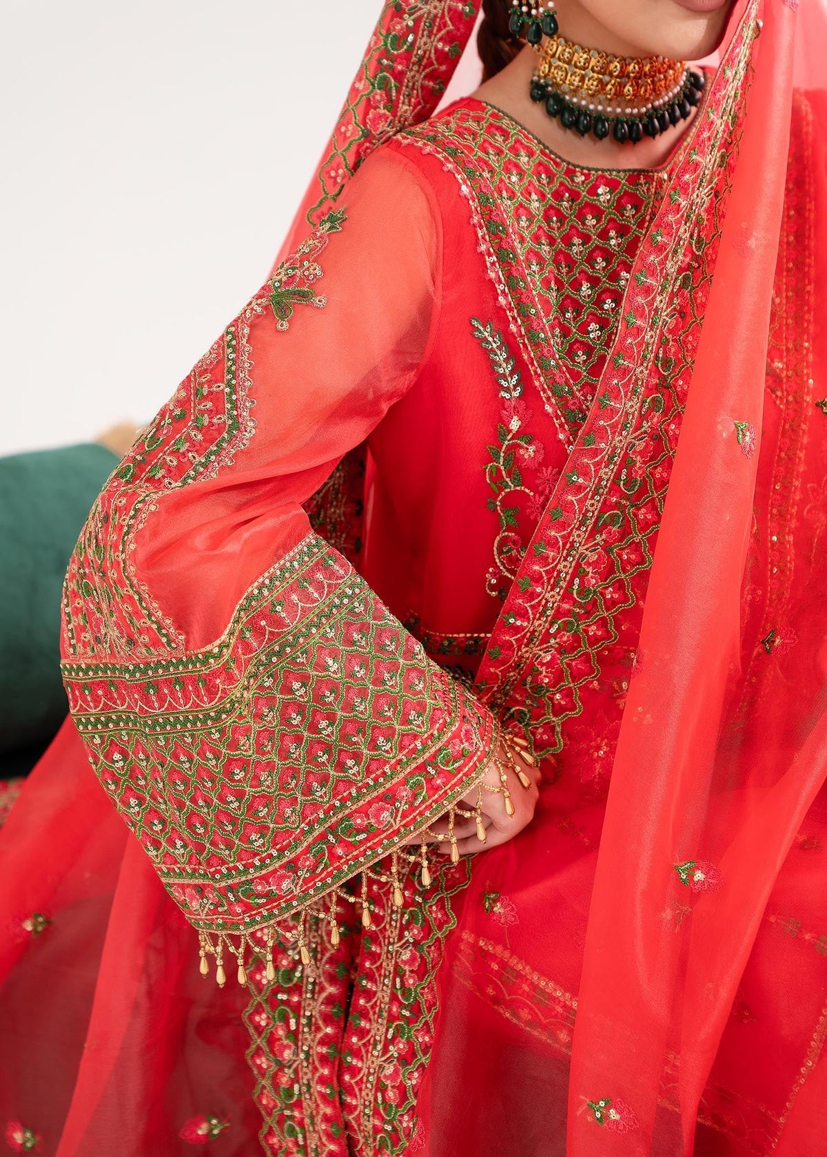 Khudeeja red shirt suit, reference outfit photograph 4 — Made by Mairaz reproduction